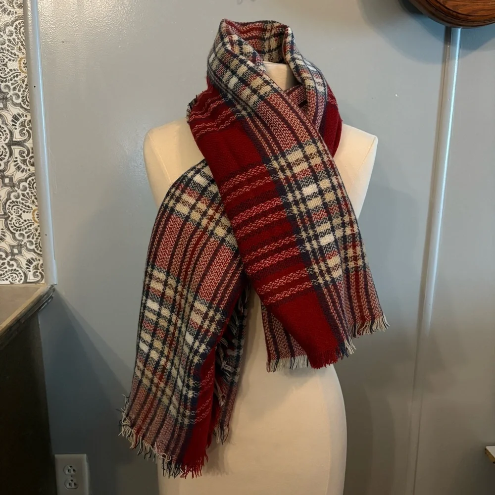 Red, White Blue Plaid Striped Oversized Blanket Scarf,‎ Fringed Edges